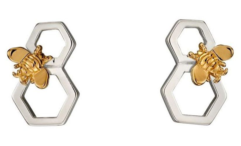 E5676 Silver Gold Plate Bee Honeycomb Stud Jewellery - Elements Silver - Modalova