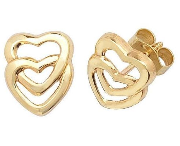 ES309 9k Yellow Gold Double Heart Stud Jewellery - James Moore TH - Modalova