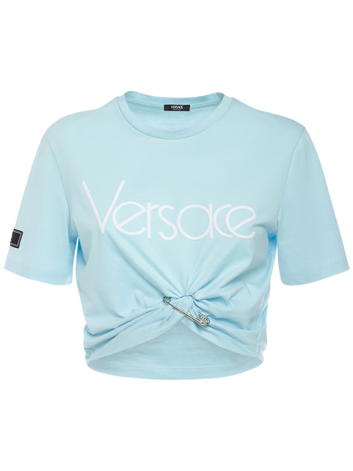 Logo Jersey Crop T-shirt W/knot - VERSACE - Modalova