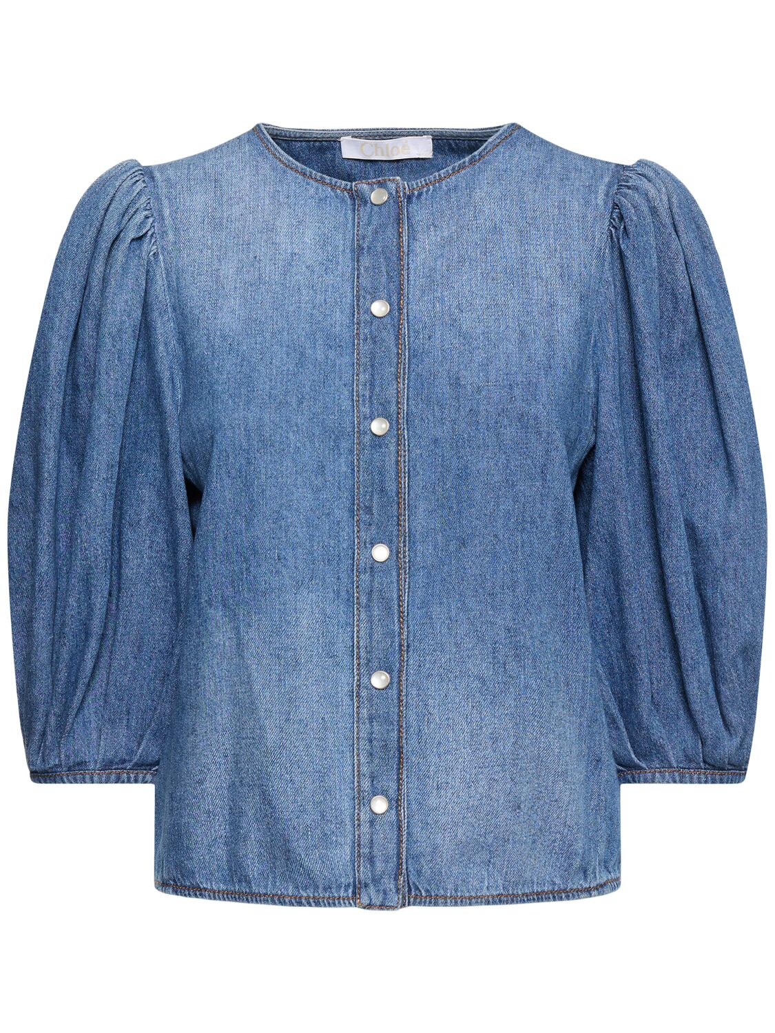 Cotton & Linen Denim Puff Sleeve Shirt - CHLOÉ - Modalova