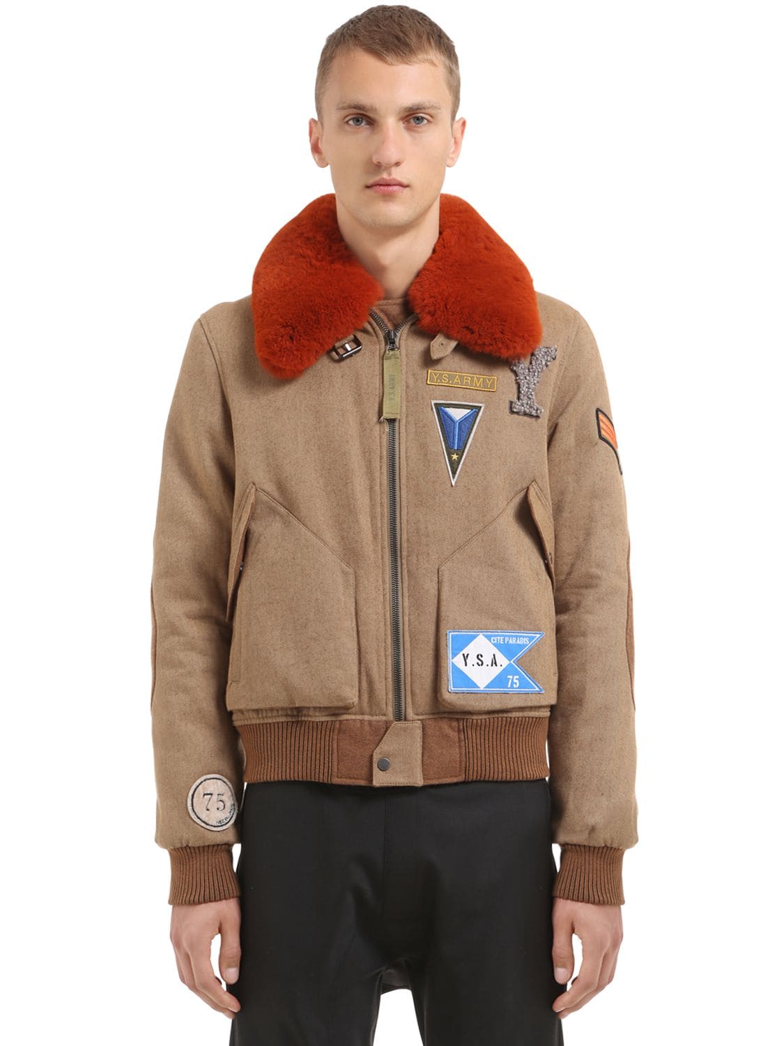 Wool Blend Bomber Jacket W/ Fur Collar - YVES SALOMON - Modalova