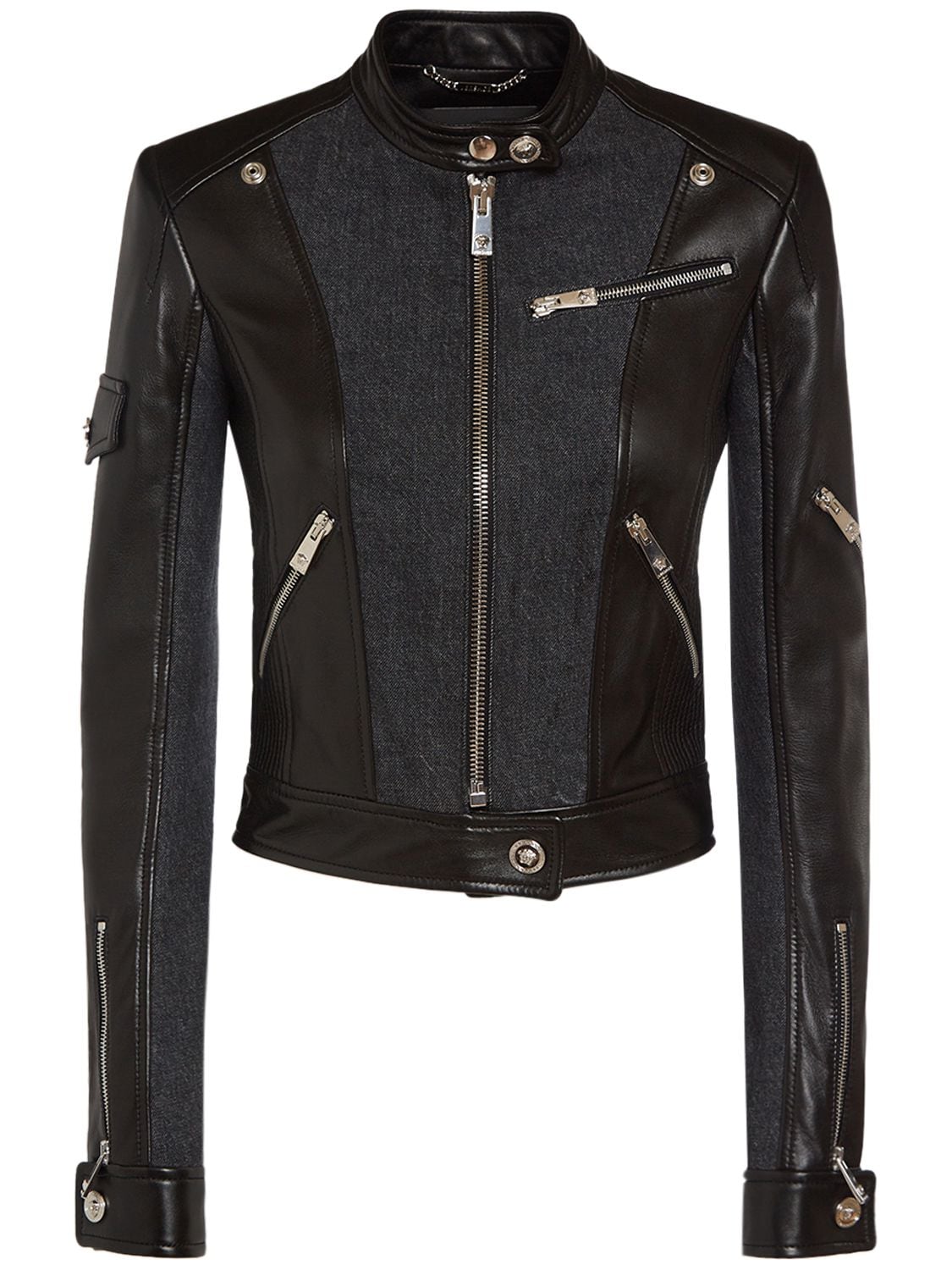 Leather & Denim Biker Jacket - VERSACE - Modalova