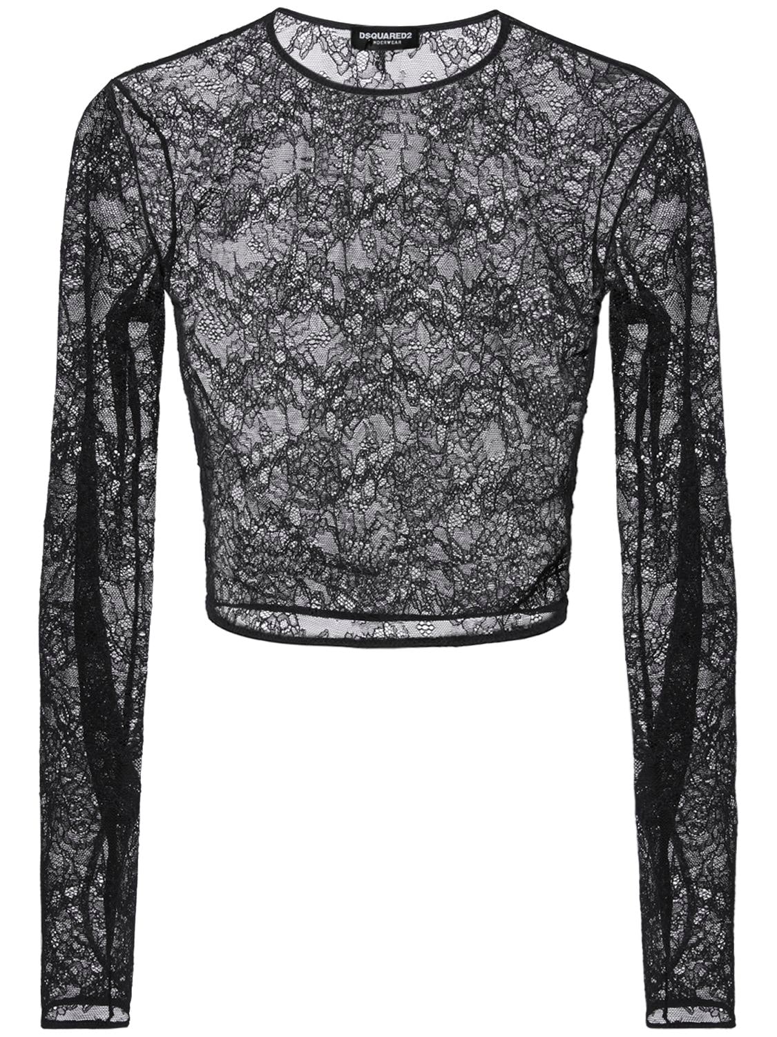 Long Sleeved Lace Crop Top - DSQUARED2 - Modalova
