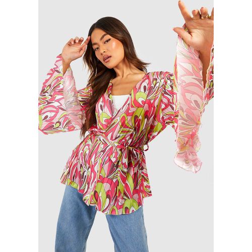 Kimono Plisado Con Cinturón Y Mangas Acampanadas Con Estampado Abstracto - boohoo - Modalova