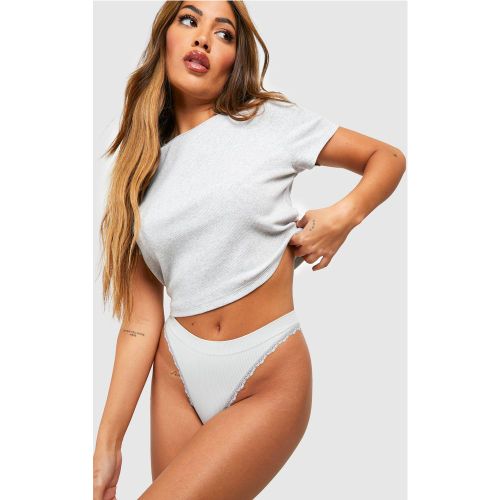 Lace Trim Ribbed Thong, Gris - boohoo - Modalova