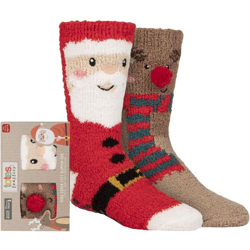 Boys and Girls 2 Pair Chunky Christmas Novelty Slipper Socks with Pom Pom Detail Santa / Reindeer 4-6 Years - Totes - Modalova