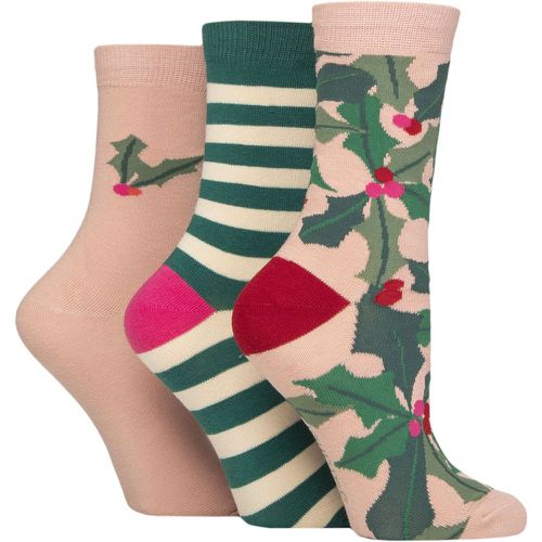 Ladies 3 Pair Caroline Gardner Christmas Patterned Cotton Socks Holly & Stripes Pink 4-8 - SockShop - Modalova
