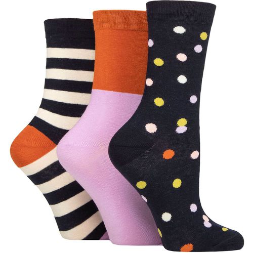 Ladies 3 Pair Patterned Cotton Socks Spots / Stripes Navy 4-8 - Caroline Gardner - Modalova