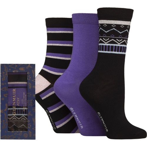 Women's 3 Pair Glenmuir Bamboo Patterned Socks in Christmas Gift Box Black / Purple 4-8 Women's - SockShop - Modalova