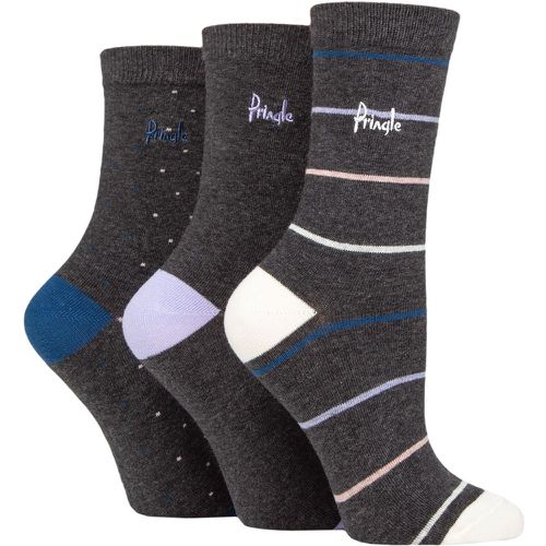 Ladies 3 Pair Patterned Cotton Socks Charcoal Fine Stripe and Dots 4-8 Ladies - Pringle - Modalova