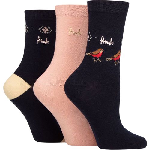 Ladies 3 Pair Christmas Robin Cotton Socks with Gift Tag Navy 4-8 Ladies - Pringle - Modalova