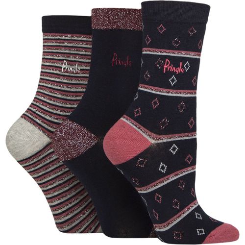 Women's 3 Pair Pringle Christmas Patterned Cotton Socks with Gift Tag Navy Diamond / Stripe 4-8 - SockShop - Modalova