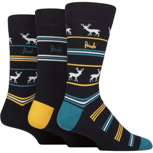 Mens 3 Pair Christmas Patterned Cotton Socks Deer and Stripes Navy 7-11 - Pringle - Modalova