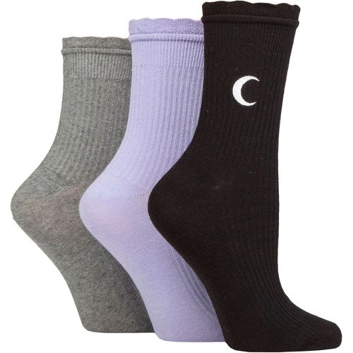 Women's 3 Pair SOCKSHOP Mid Length Frill Top Embroidered Socks Black / Lilac / Charcoal Moon 4-8 UK - Wildfeet - Modalova