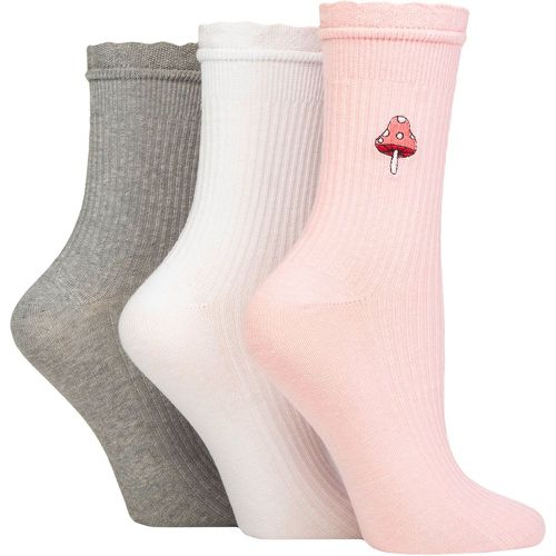 Women's 3 Pair SOCKSHOP Mid Length Frill Top Embroidered Socks Mushroom 4-8 - Wildfeet - Modalova