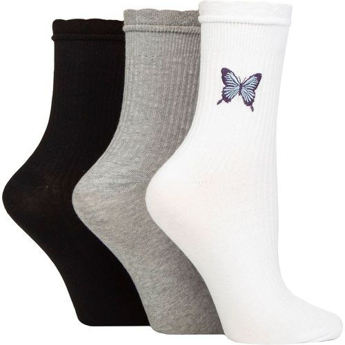 Ladies 3 Pair Wildfeet Mid Length Frill Top Embroidered Socks Butterfly 4-8 - SockShop - Modalova