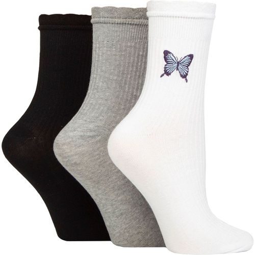 Women's 3 Pair SOCKSHOP Mid Length Frill Top Embroidered Socks Butterfly 4-8 - Wildfeet - Modalova