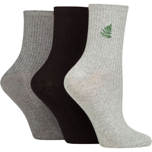 Ladies 3 Pair SOCKSHOP Embroidered Ribbed Socks Grey / Black / Charcoal Leaf 4-8 UK - Wildfeet - Modalova