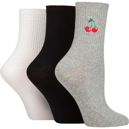 Ladies 3 Pair Wildfeet Embroidered Ribbed Socks Black / White / Grey Cherry 4-8 - SockShop - Modalova