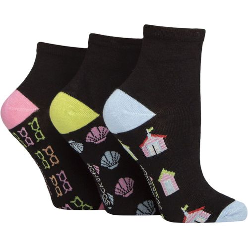 Women's 3 Pair Plain and Patterned Bamboo Ankle Socks Patterned Sole Black / Ocean View 4-8 - SockShop - Modalova