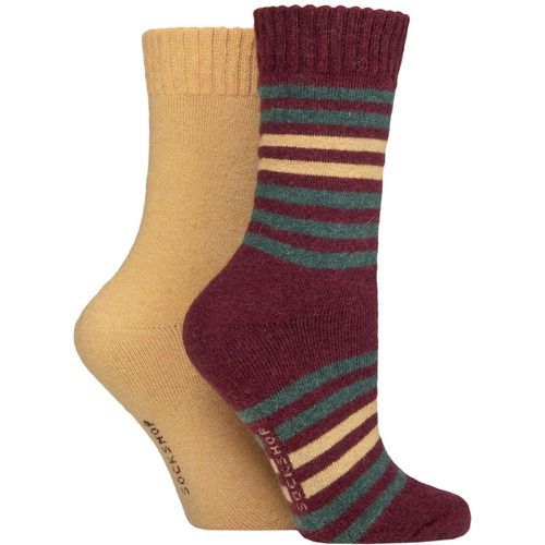 Women's 2 Pair Wool Mix Striped and Plain Boot Socks Cinnamon Striped 4-8 Ladies - SockShop - Modalova