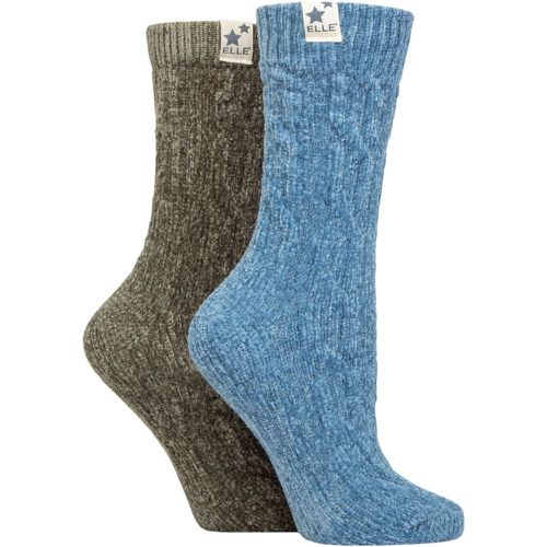 Ladies 2 Pair Cable Knit Chenille Boot Socks Moonlight Blue 4-8 - Elle - Modalova