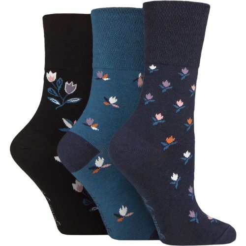 Women's 3 Pair Cotton Patterned and Striped Socks Graceful Garden Teal 4-8 - Gentle Grip - Modalova