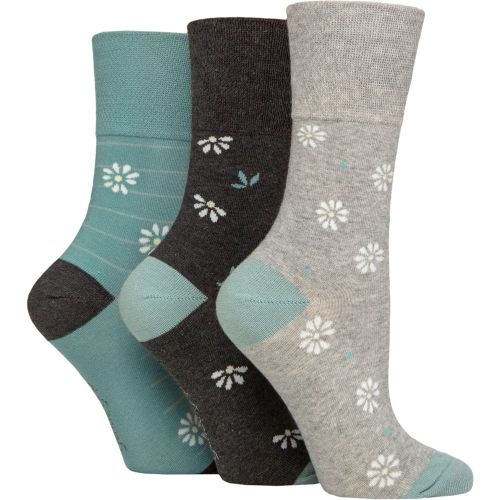 Women's 3 Pair Cotton Patterned and Striped Socks Daisy Charcoal / Light Grey 4-8 - Gentle Grip - Modalova