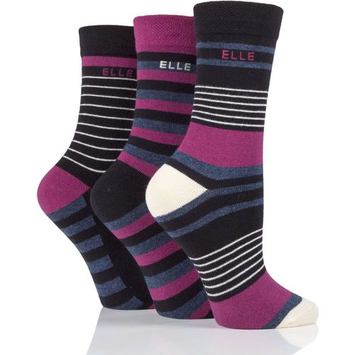 Ladies 3 Pair Plain, Striped and Patterned Cotton Socks with Smooth Toes Black/Blackbird Stripe 4-8 Ladies - Elle - Modalova