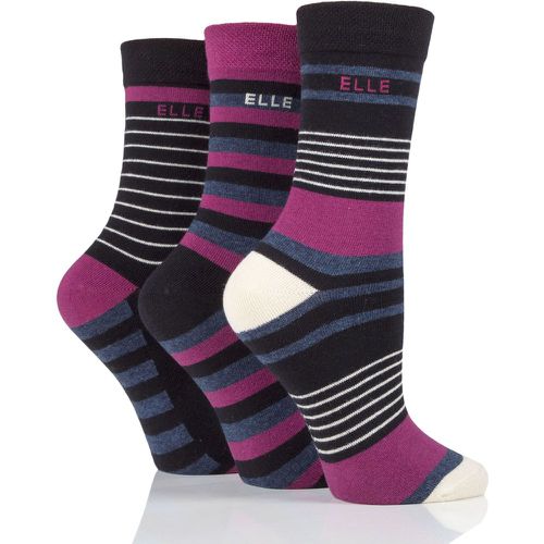 Women's 3 Pair Plain, Striped and Patterned Cotton Socks with Smooth Toes Black/Blackbird Stripe 4-8 Ladies - Elle - Modalova