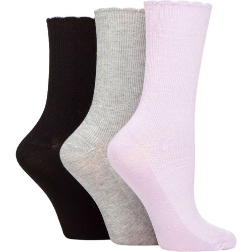Ladies 3 Pair Ribbed Bamboo Socks with Scallop Top Lilac / Silver / Black 4-8 Ladies - Elle - Modalova