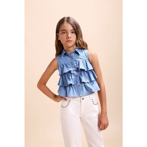 Camicia smanicata jeans in puro cotone con volant - Please - Modalova