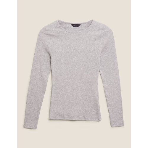 Cotton Ribbed Fitted Long Sleeve Top grey - Marks & Spencer - Modalova