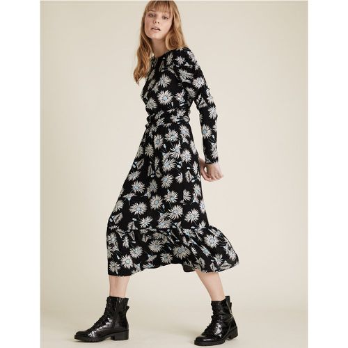 Floral Puff Sleeve Midi Waisted Dress black - Marks & Spencer - Modalova