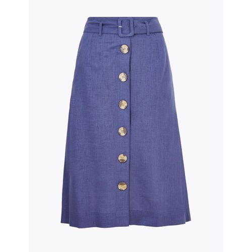 Linen Button Front Belted Midi A-Line Skirt - Marks & Spencer - Modalova