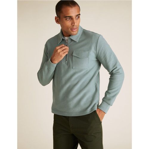 Cotton Textured Long Sleeve Polo Shirt green - Marks & Spencer - Modalova