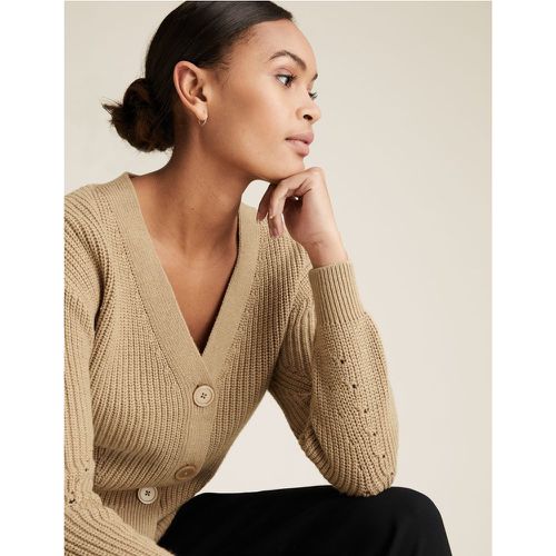 Cotton Ribbed Cardigan with Wool beige - Marks & Spencer - Modalova