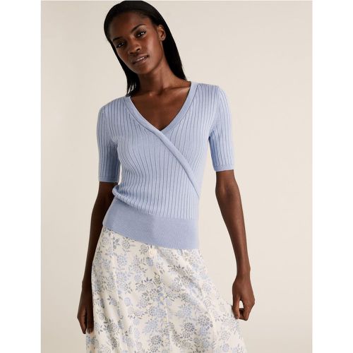Knitted V-Neck Mock Wrap Top blue - Marks & Spencer - Modalova