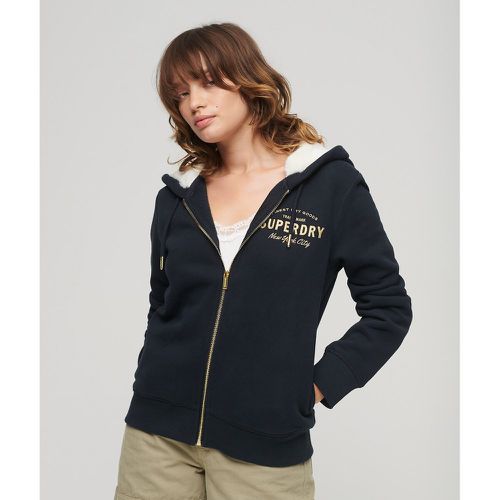 Metallic Embroidered Logo Hoodie in Cotton Mix with Faux Fur Lining and Zip Fastening - Superdry - Modalova