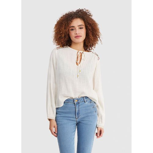 Cotton Oversize Embroidered Blouse with Crew Neck and Long Sleeves - ICODE - Modalova