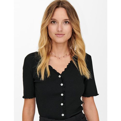 Cotton Cropped Buttoned T-Shirt with V-Neck - Only - Modalova