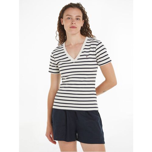 Striped Cotton T-Shirt with V-Neck and Short Sleeves - Tommy Hilfiger - Modalova