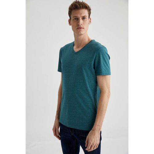 Basic V Neck Short Sleeve Slim Fit Long Line T-shirt - Teal - DeFacto - Modalova