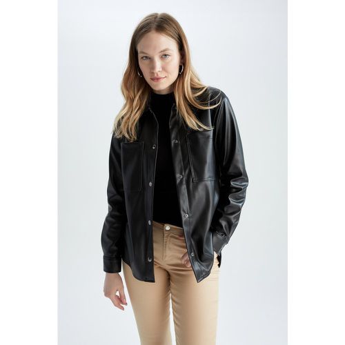 Oversized Long Sleeve Faux Leather Jacket - DeFacto - Modalova