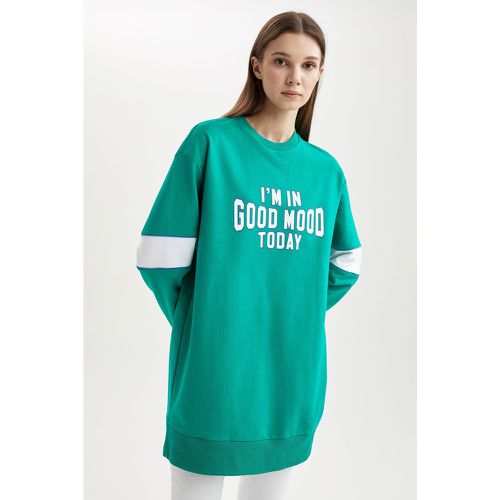 Oversized Long Sleeve Colour Block Slogan Printed Tunic - DeFacto - Modalova