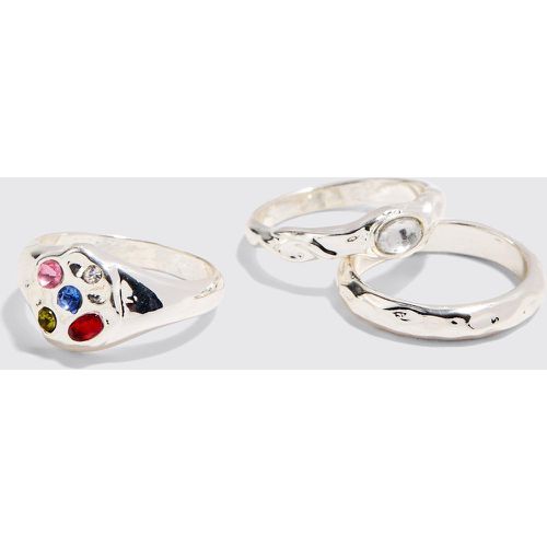 Pack De 3 Anillos Plateados Con Gemas - boohoo - Modalova