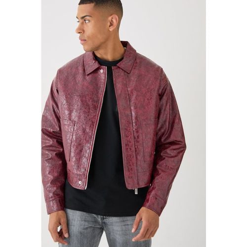 Chaqueta Harrington Recta Texturizada De Cuero Sintético Marrón - boohoo - Modalova