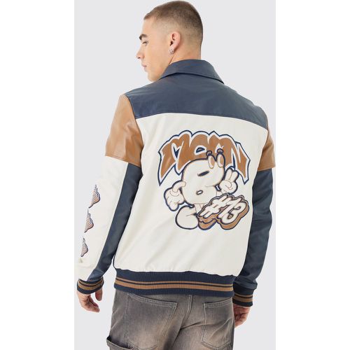 Chaqueta Universitaria De Cuero Sintético Con Colores En Bloque Y Emblema En Azul Marino - boohoo - Modalova