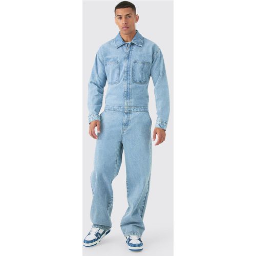 Tuta intera in denim rilassato a maniche lunghe in denim - boohoo - Modalova