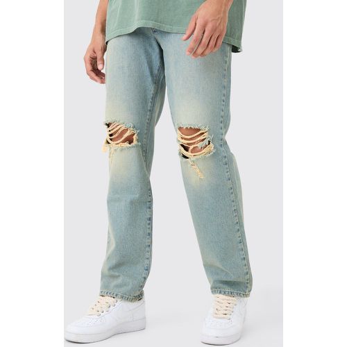 Relaxed Rigid Ripped Knee Jeans In Antique Blue - boohoo - Modalova